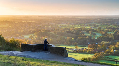 Man standing at the viewpoint at Box Hill with his back to the camera looking across fields and woodland full of autumn colours